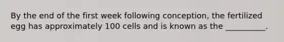 By the end of the first week following conception, the fertilized egg has approximately 100 cells and is known as the __________.