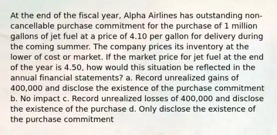 At the end of the fiscal year, Alpha Airlines has outstanding non-cancellable purchase commitment for the purchase of 1 million gallons of jet fuel at a price of 4.10 per gallon for delivery during the coming summer. The company prices its inventory at the lower of cost or market. If the market price for jet fuel at the end of the year is 4.50, how would this situation be reflected in the annual financial statements? a. Record unrealized gains of 400,000 and disclose the existence of the purchase commitment b. No impact c. Record unrealized losses of 400,000 and disclose the existence of the purchase d. Only disclose the existence of the purchase commitment