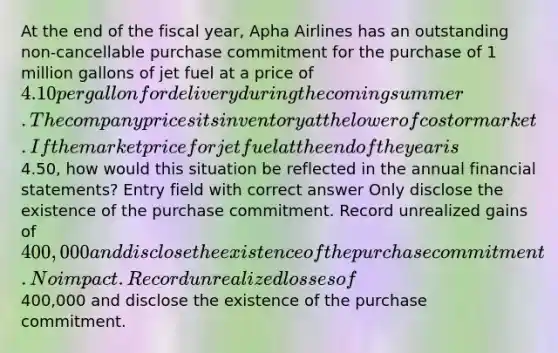 At the end of the fiscal year, Apha Airlines has an outstanding non-cancellable purchase commitment for the purchase of 1 million gallons of jet fuel at a price of 4.10 per gallon for delivery during the coming summer. The company prices its inventory at the lower of cost or market. If the market price for jet fuel at the end of the year is4.50, how would this situation be reflected in the annual financial statements? Entry field with correct answer Only disclose the existence of the purchase commitment. Record unrealized gains of 400,000 and disclose the existence of the purchase commitment. No impact. Record unrealized losses of400,000 and disclose the existence of the purchase commitment.