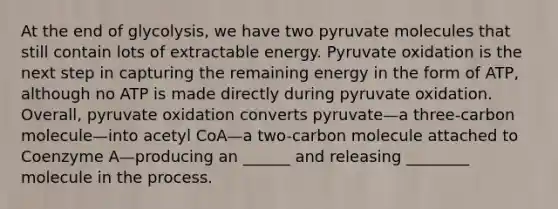 At the end of glycolysis, we have two pyruvate molecules that still contain lots of extractable energy. Pyruvate oxidation is the next step in capturing the remaining energy in the form of ATP, although no ATP is made directly during pyruvate oxidation. Overall, pyruvate oxidation converts pyruvate—a three-carbon molecule—into acetyl CoA—a two-carbon molecule attached to Coenzyme A—producing an ______ and releasing ________ molecule in the process.