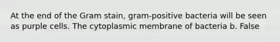 At the end of the Gram stain, gram-positive bacteria will be seen as purple cells. The cytoplasmic membrane of bacteria b. False