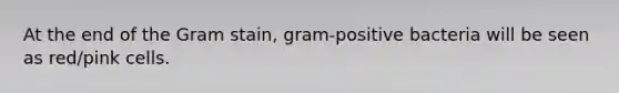 At the end of the Gram stain, gram-positive bacteria will be seen as red/pink cells.