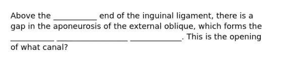 Above the ___________ end of the inguinal ligament, there is a gap in the aponeurosis of the external oblique, which forms the ___________ __________________ _____________. This is the opening of what canal?