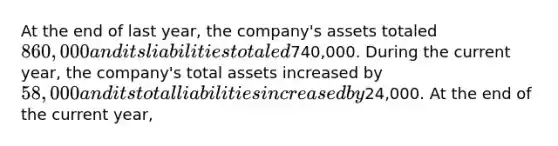 At the end of last year, the company's assets totaled 860,000 and its liabilities totaled740,000. During the current year, the company's total assets increased by 58,000 and its total liabilities increased by24,000. At the end of the current year,