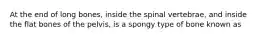 At the end of long bones, inside the spinal vertebrae, and inside the flat bones of the pelvis, is a spongy type of bone known as