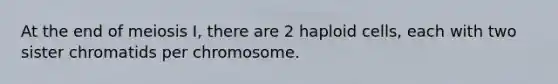 At the end of meiosis I, there are 2 haploid cells, each with two sister chromatids per chromosome.