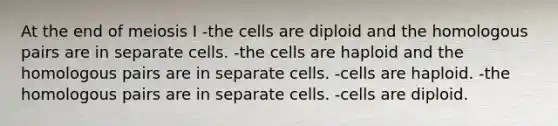 At the end of meiosis I -the cells are diploid and the homologous pairs are in separate cells. -the cells are haploid and the homologous pairs are in separate cells. -cells are haploid. -the homologous pairs are in separate cells. -cells are diploid.