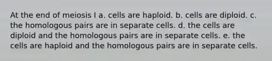 At the end of meiosis I a. cells are haploid. b. cells are diploid. c. the homologous pairs are in separate cells. d. the cells are diploid and the homologous pairs are in separate cells. e. the cells are haploid and the homologous pairs are in separate cells.