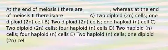 At the end of meiosis I there are ___________, whereas at the end of meiosis II there is/are __________ A) Two diploid (2n) cells; one diploid (2n) cell B) Two diploid (2n) cells; one haploid (n) cell C) Two diploid (2n) cells; four haploid (n) cells D) Two haploid (n) cells; four haploid (n) cells E) Two haploid (n) cells; one diploid (2n) cell