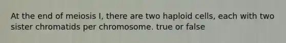 At the end of meiosis I, there are two haploid cells, each with two sister chromatids per chromosome. true or false