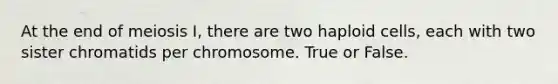 At the end of meiosis I, there are two haploid cells, each with two sister chromatids per chromosome. True or False.