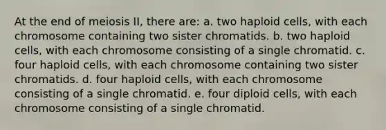 At the end of meiosis II, there are: a. two haploid cells, with each chromosome containing two sister chromatids. b. two haploid cells, with each chromosome consisting of a single chromatid. c. four haploid cells, with each chromosome containing two sister chromatids. d. four haploid cells, with each chromosome consisting of a single chromatid. e. four diploid cells, with each chromosome consisting of a single chromatid.