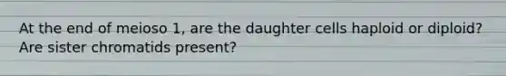 At the end of meioso 1, are the daughter cells haploid or diploid? Are sister chromatids present?