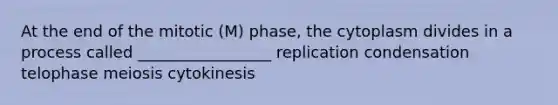 At the end of the mitotic (M) phase, the cytoplasm divides in a process called _________________ replication condensation telophase meiosis cytokinesis