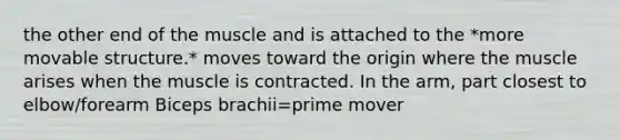 the other end of the muscle and is attached to the *more movable structure.* moves toward the origin where the muscle arises when the muscle is contracted. In the arm, part closest to elbow/forearm Biceps brachii=prime mover