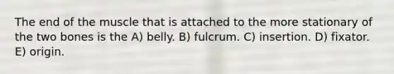 The end of the muscle that is attached to the more stationary of the two bones is the A) belly. B) fulcrum. C) insertion. D) fixator. E) origin.