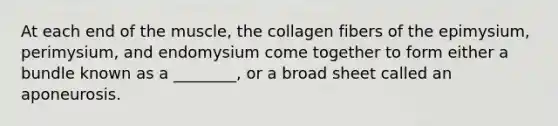 At each end of the muscle, the collagen fibers of the epimysium, perimysium, and endomysium come together to form either a bundle known as a ________, or a broad sheet called an aponeurosis.