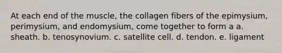 At each end of the muscle, the collagen fibers of the epimysium, perimysium, and endomysium, come together to form a a. sheath. b. tenosynovium. c. satellite cell. d. tendon. e. ligament