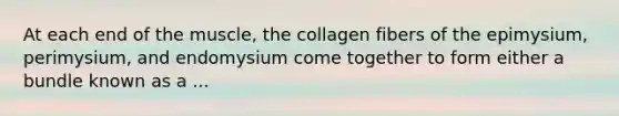 At each end of the muscle, the collagen fibers of the epimysium, perimysium, and endomysium come together to form either a bundle known as a ...