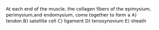 At each end of the muscle, the collagen fibers of the epimysium, perimysium,and endomysium, come together to form a A) tendon B) satellite cell C) ligament D) tenosynovium E) sheath