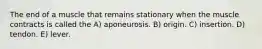 The end of a muscle that remains stationary when the muscle contracts is called the A) aponeurosis. B) origin. C) insertion. D) tendon. E) lever.