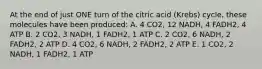 At the end of just ONE turn of the citric acid (Krebs) cycle, these molecules have been produced: A. 4 CO2, 12 NADH, 4 FADH2, 4 ATP B. 2 CO2, 3 NADH, 1 FADH2, 1 ATP C. 2 CO2, 6 NADH, 2 FADH2, 2 ATP D. 4 CO2, 6 NADH, 2 FADH2, 2 ATP E. 1 CO2, 2 NADH, 1 FADH2, 1 ATP