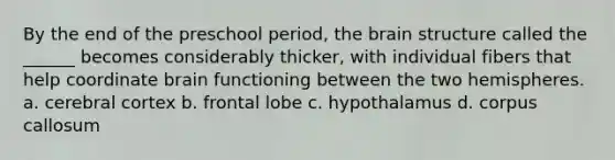 By the end of the preschool period, the brain structure called the ______ becomes considerably thicker, with individual fibers that help coordinate brain functioning between the two hemispheres. a. cerebral cortex b. frontal lobe c. hypothalamus d. corpus callosum