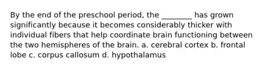 By the end of the preschool period, the ________ has grown significantly because it becomes considerably thicker with individual fibers that help coordinate brain functioning between the two hemispheres of the brain. a. cerebral cortex b. frontal lobe c. corpus callosum d. hypothalamus