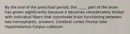 By the end of the preschool period, the _____ part of the brain has grown significantly because it becomes considerately thicker with individual fibers that coordinate brain functioning between two hemispheres. answers- Cerebral cortex Frontal lobe Hypothalamus Corpus callosum