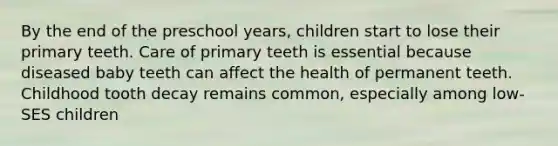 By the end of the preschool years, children start to lose their primary teeth. Care of primary teeth is essential because diseased baby teeth can affect the health of permanent teeth. Childhood tooth decay remains common, especially among low-SES children