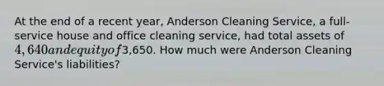 At the end of a recent​ year, Anderson Cleaning Service, a​ full-service house and office cleaning​ service, had total assets of 4,640 and equity of3,650. How much were Anderson Cleaning Service's liabilities?