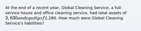 At the end of a recent​ year, Global Cleaning​ Service, a​ full-service house and office cleaning​ service, had total assets of 3,630 and equity of2,280. How much were Global Cleaning​ Service's liabilities?