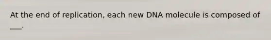 At the end of replication, each new DNA molecule is composed of ___.