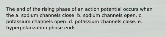 The end of the rising phase of an action potential occurs when the a. sodium channels close. b. sodium channels open. c. potassium channels open. d. potassium channels close. e. hyperpolarization phase ends.