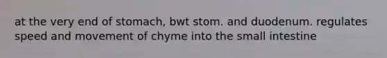 at the very end of stomach, bwt stom. and duodenum. regulates speed and movement of chyme into the small intestine