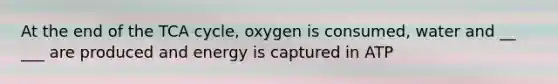 At the end of the TCA cycle, oxygen is consumed, water and __ ___ are produced and energy is captured in ATP