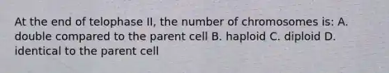 At the end of telophase II, the number of chromosomes is: A. double compared to the parent cell B. haploid C. diploid D. identical to the parent cell