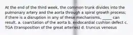 At the end of the third week, the common trunk divides into the pulmonary artery and the aorta through a spiral growth process; if there is a disruption in any of these mechanisms, _____ can result. a. coarctation of the aorta b. endocardial cushion defect c. TGA (transposition of the great arteries) d. truncus venosus