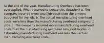 At the end of the year, Manufacturing Overhead has been overapplied. What occurred to create this situation? a. The company incurred more total job costs than the amount budgeted for the job. b. The actual manufacturing overhead costs were less than the manufacturing overhead assigned to jobs. c. The company incurred more manufacturing overhead costs than the manufacturing overhead assigned to jobs. d. Estimating manufacturing overhead was less than actual manufacturing overhead costs.