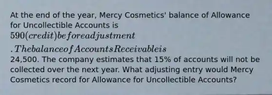 At the end of the year, Mercy Cosmetics' balance of Allowance for Uncollectible Accounts is 590 (credit) before adjustment. The balance of Accounts Receivable is24,500. The company estimates that 15% of accounts will not be collected over the next year. What adjusting entry would Mercy Cosmetics record for Allowance for Uncollectible Accounts?