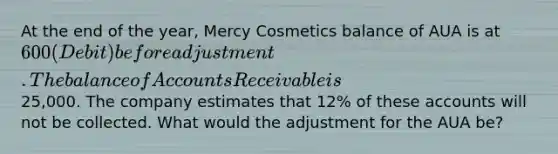 At the end of the year, Mercy Cosmetics balance of AUA is at 600 (Debit) before adjustment. The balance of Accounts Receivable is25,000. The company estimates that 12% of these accounts will not be collected. What would the adjustment for the AUA be?