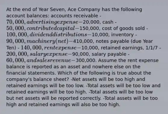 At the end of Year Seven, Ace Company has the following account balances: accounts receivable - 70,000, advertising expense -20,000, cash - 50,000, contributed capital -150,000, cost of goods sold - 100,000, dividend distributions -10,000, inventory - 90,000, machinery (net) -410,000, notes payable (due Year Ten) - 140,000, rent expense -10,000, retained earnings, 1/1/7 - 200,000, salary expense -90,000, salary payable - 60,000, and sales revenue -300,000. Assume the rent expense balance is reported as an asset and nowhere else on the financial statements. Which of the following is true about the company's balance sheet? -Net assets will be too high and retained earnings will be too low. -Total assets will be too low and retained earnings will be too high. -Total assets will be too low but net assets will be reported correctly. -Total assets will be too high and retained earnings will also be too high.