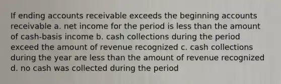 If ending accounts receivable exceeds the beginning accounts receivable a. net income for the period is <a href='https://www.questionai.com/knowledge/k7BtlYpAMX-less-than' class='anchor-knowledge'>less than</a> the amount of cash-basis income b. cash collections during the period exceed the amount of revenue recognized c. cash collections during the year are less than the amount of revenue recognized d. no cash was collected during the period