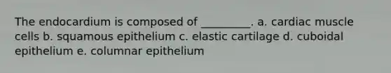 The endocardium is composed of _________. a. cardiac muscle cells b. squamous epithelium c. elastic cartilage d. cuboidal epithelium e. columnar epithelium