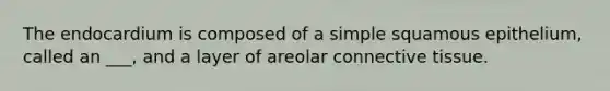 The endocardium is composed of a simple squamous epithelium, called an ___, and a layer of areolar <a href='https://www.questionai.com/knowledge/kYDr0DHyc8-connective-tissue' class='anchor-knowledge'>connective tissue</a>.