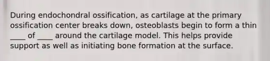 During endochondral ossification, as cartilage at the primary ossification center breaks down, osteoblasts begin to form a thin ____ of ____ around the cartilage model. This helps provide support as well as initiating bone formation at the surface.