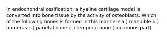 In endochondral ossification, a hyaline cartilage model is converted into bone tissue by the activity of osteoblasts. Which of the following bones is formed in this manner? a.) mandible b.) humerus c.) parietal bone d.) temporal bone (squamous part)