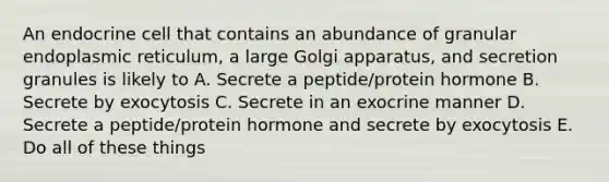 An endocrine cell that contains an abundance of granular endoplasmic reticulum, a large Golgi apparatus, and secretion granules is likely to A. Secrete a peptide/protein hormone B. Secrete by exocytosis C. Secrete in an exocrine manner D. Secrete a peptide/protein hormone and secrete by exocytosis E. Do all of these things