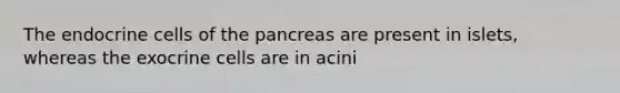 The endocrine cells of the pancreas are present in islets, whereas the exocrine cells are in acini