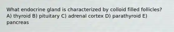 What endocrine gland is characterized by colloid filled follicles? A) thyroid B) pituitary C) adrenal cortex D) parathyroid E) pancreas